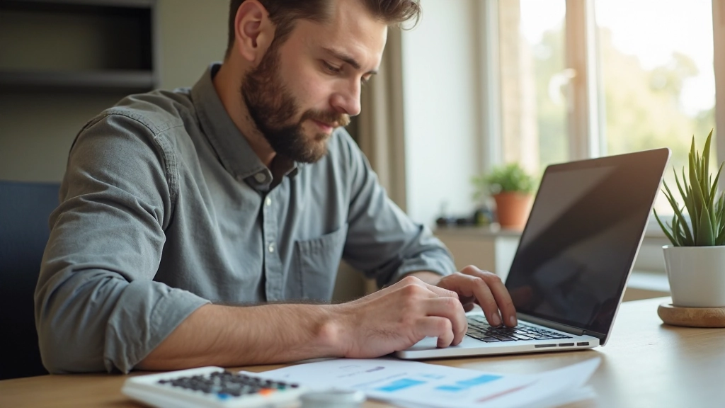 Homem adulto português com dois braços visíveis digitando dados de orçamento em laptop moderno, cercado por gráficos financeiros e calculadora, escritório doméstico bem iluminado