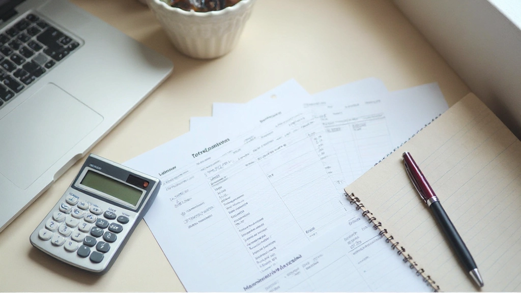 Documentos de orçamento pessoal e calculadora em secretária, preparação de plano financeiro mensal