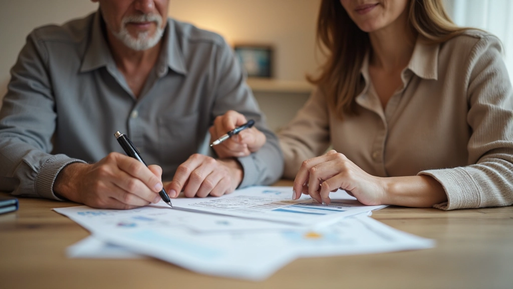 Casal caucasiano sentado à mesa com duas mãos visíveis cada, analisando documentos financeiros, ambos com características faciais claras, corpos completos proporcionais, luz morna de escritório, sem texto em documentos visível, fotografia profissional