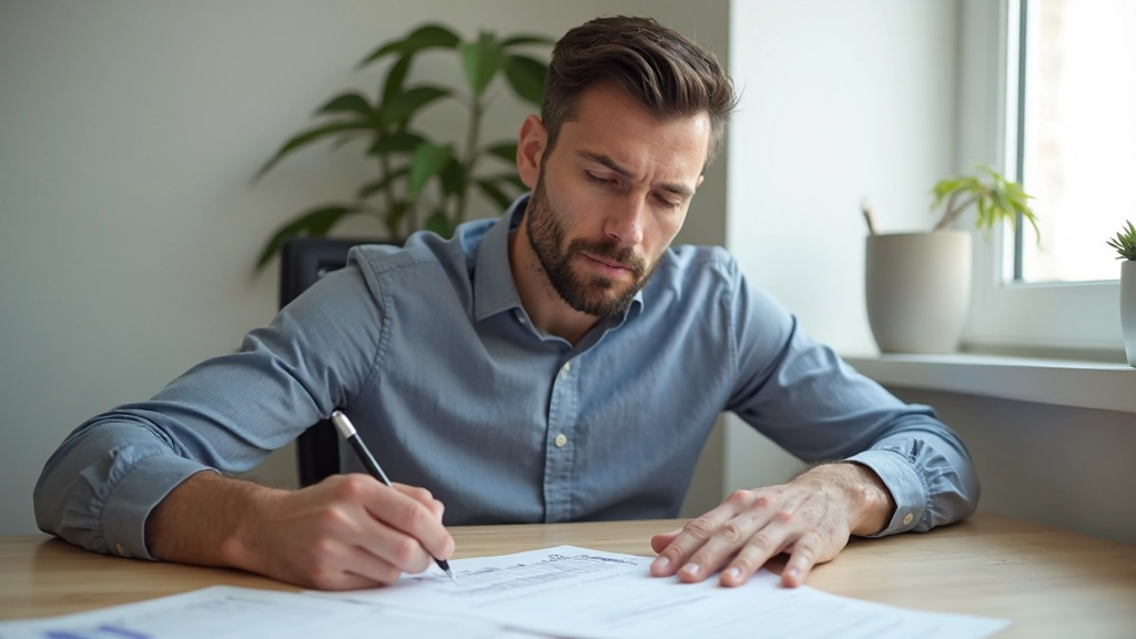 Homem caucasiano com duas mãos visíveis preenchendo formulário de orçamento na mesa, duas mãos segurando caneta, características faciais claras, corpo completo em posição de escrita, luz natural da janela, fotografia profissional de alta qualidade, sem texto visível