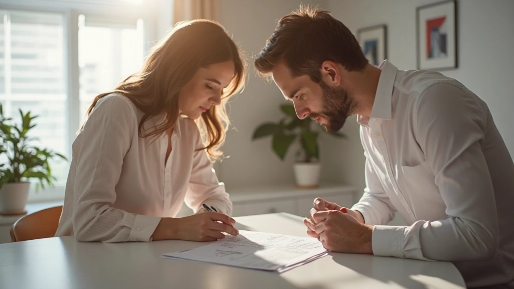Casal discutindo plano financeiro familiar com documentos em mesa clara