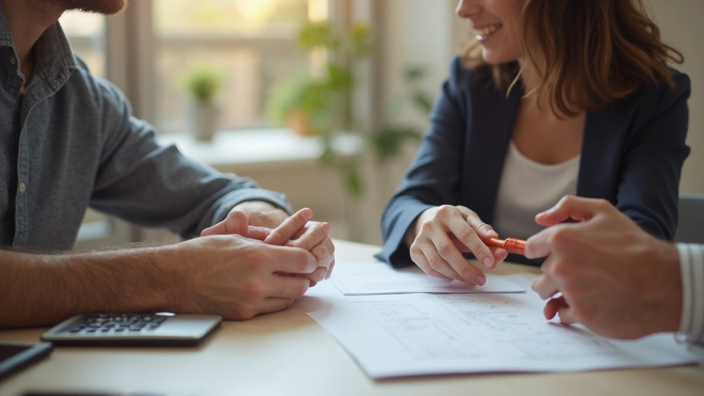 Casal discutindo plano financeiro familiar com documentos em mesa clara