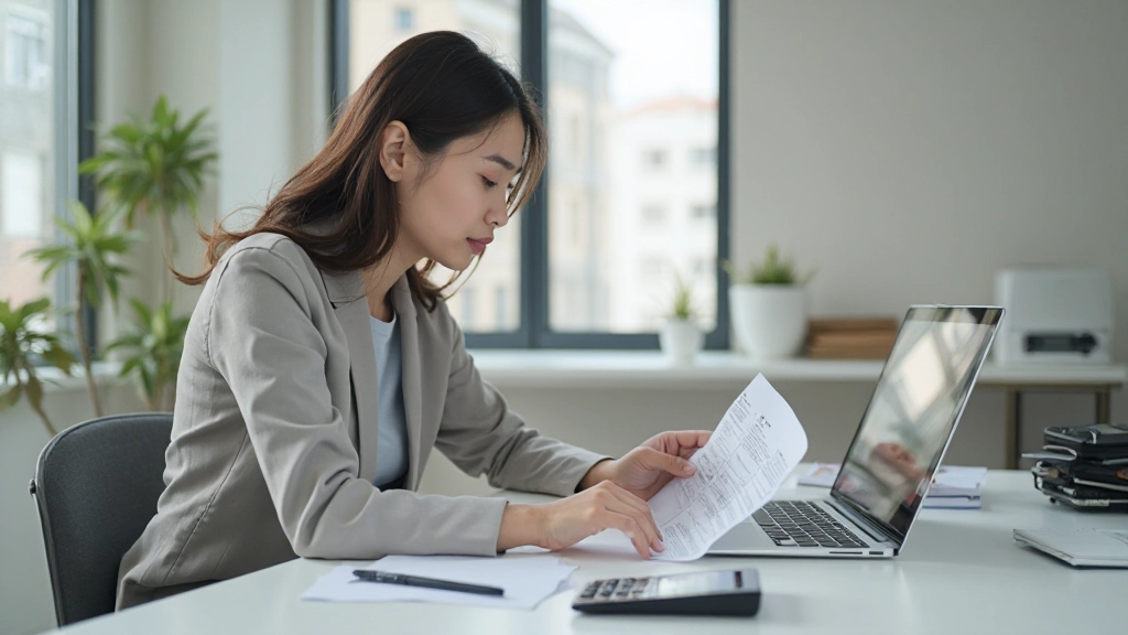 Mulher asiática com duas mãos visíveis analisando planilha de orçamento em mesa com notebook e calculadora, luz natural da janela, profissional de fotografia de alta qualidade, sem texto visível