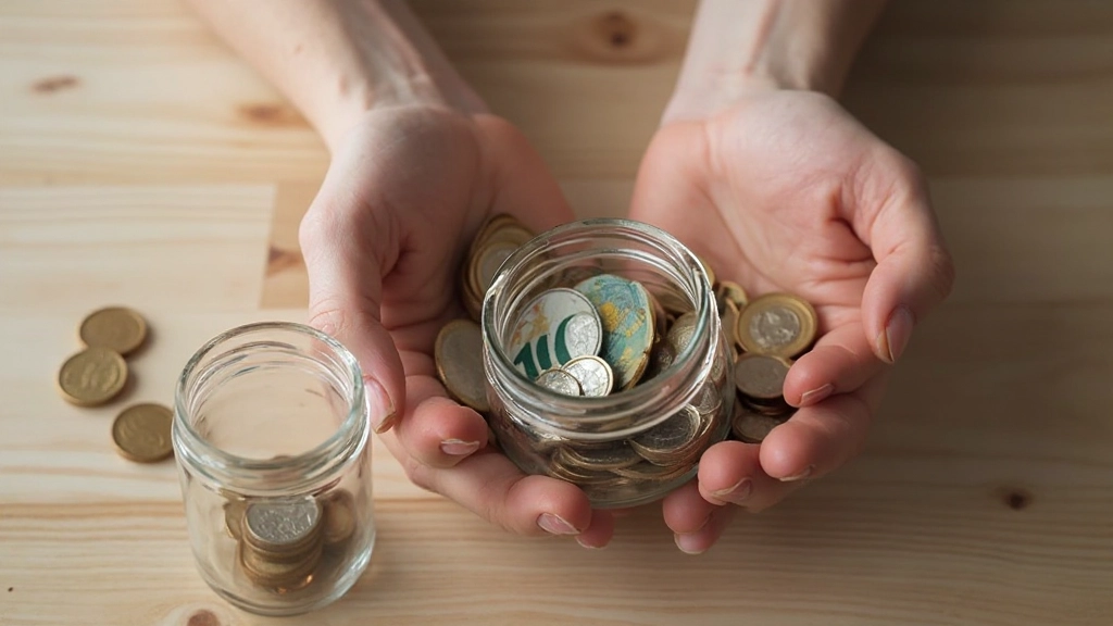 Moedas e notas de euro organizadas em potes transparentes para poupança