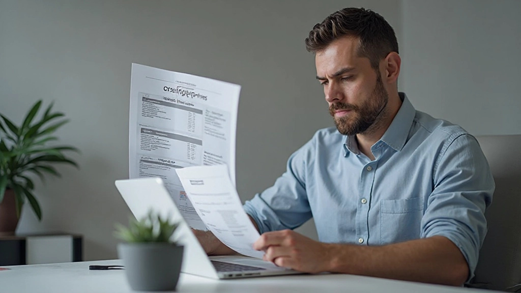 Homem português revisando relatório de crédito no computador, melhorando score creditício e histórico financeiro