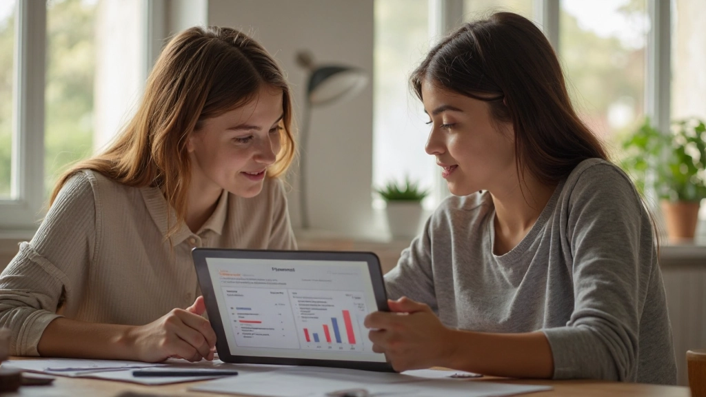Mãe portuguesa com dois braços visíveis ensinando filho adolescente sobre finanças com tablet, mostrando gráficos educacionais, luz natural do escritório
