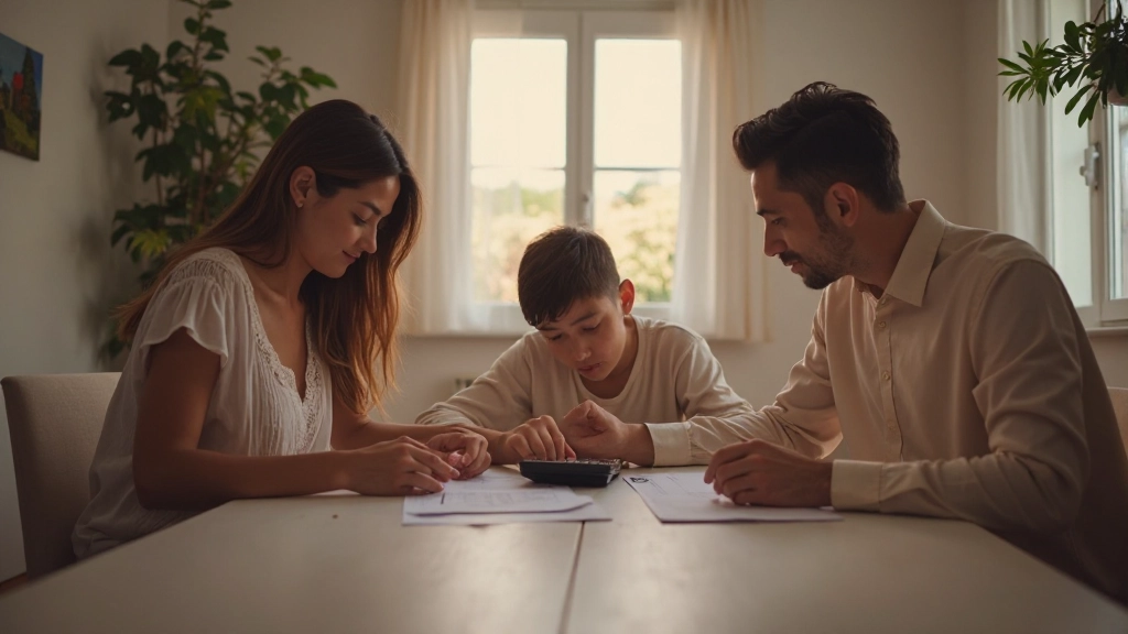 Família portuguesa reunida ao redor de mesa de jantar, revisando documentos financeiros e orçamento doméstico