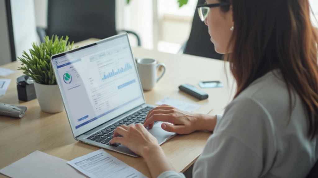Mulher sul-asiática com duas mãos visíveis digitando em laptop analisando relatório de crédito, características faciais claras, corpo completo em posição de trabalho, luz natural, escritório limpo sem texto visível na tela, fotografia profissional de alta qualidade