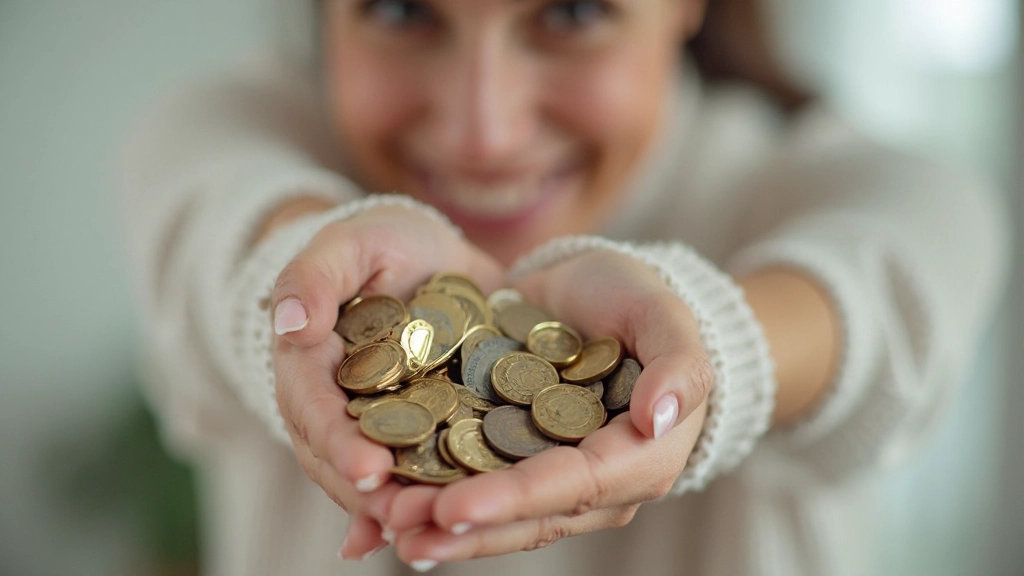 Mulher portuguesa sorridente contando moedas e notas, poupança pessoal e crescimento financeiro