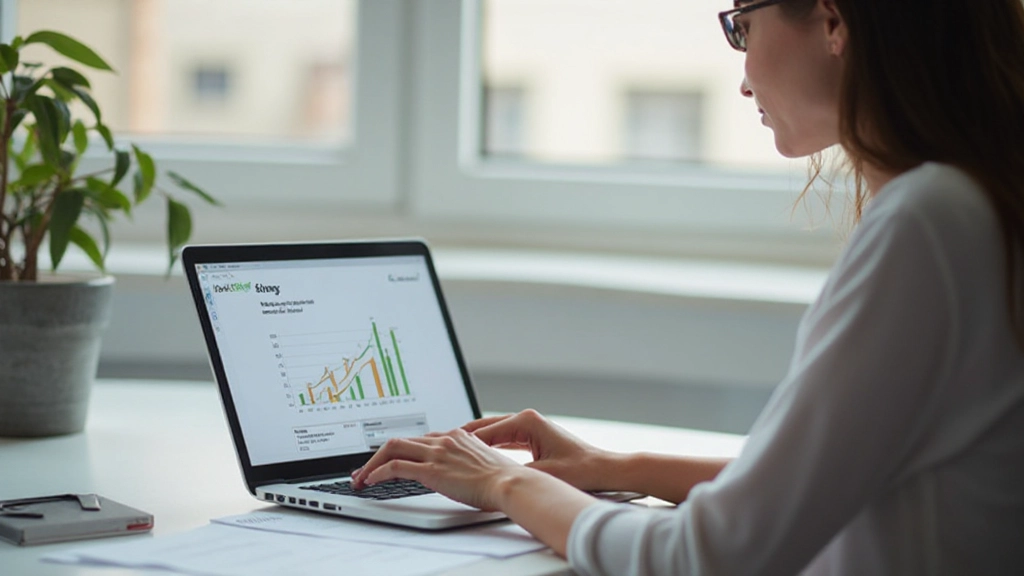 Mulher em ambiente de trabalho analisando dados financeiros em computador com confiança