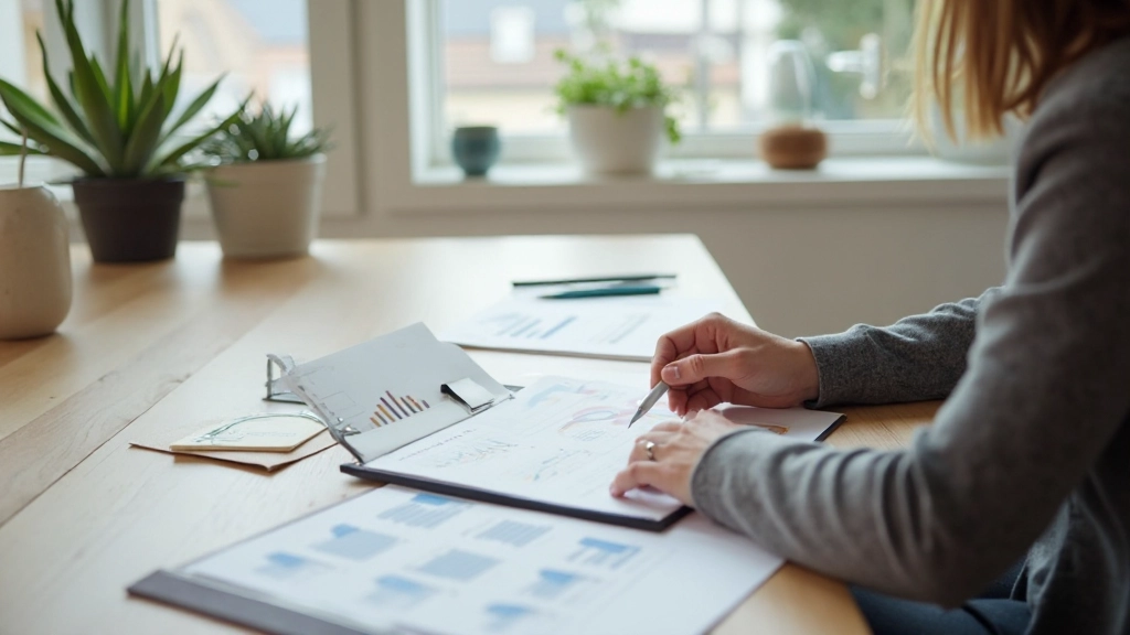 Profissional trabalhando com documentos financeiros e gráficos em ambiente moderno